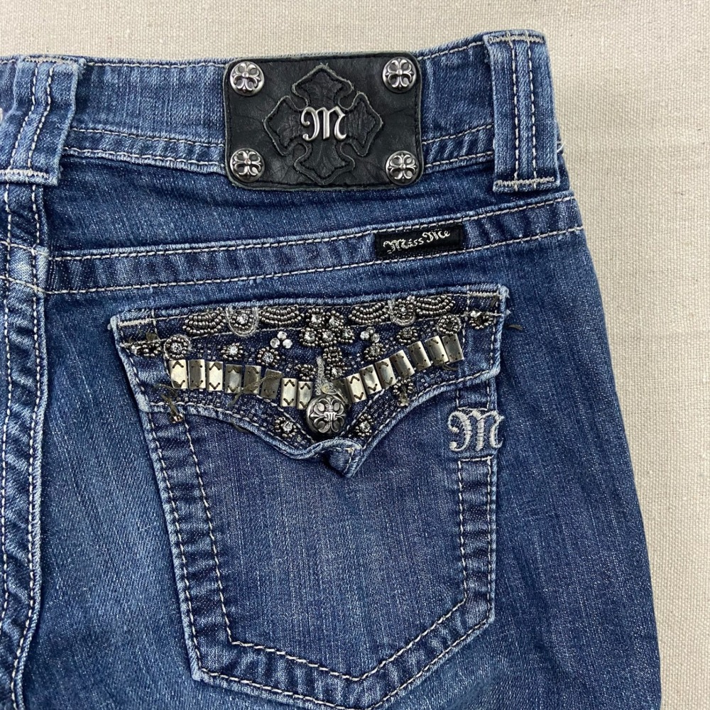 Miss Me Bootcut Jeans Womens 31 Dark Blue Embellished Rhinestone Flap Pocket